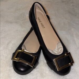 Nine West Black Leather Ballerina Driver Flats w/Gold Buckle Size:5